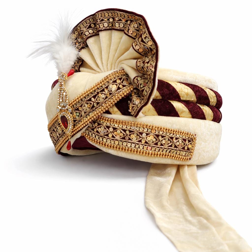 Maroon Cream Velvet Groom Turban Safa | Royal Indian Wedding Pagri with Ruby Kalgi