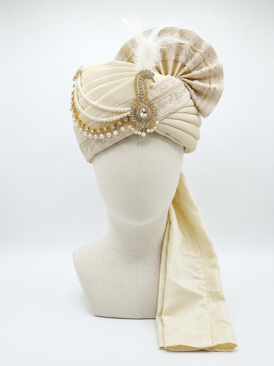 Beige Silk Turban with Pearl & Crystal Peacock Kalgi – Groom Safa Pagri