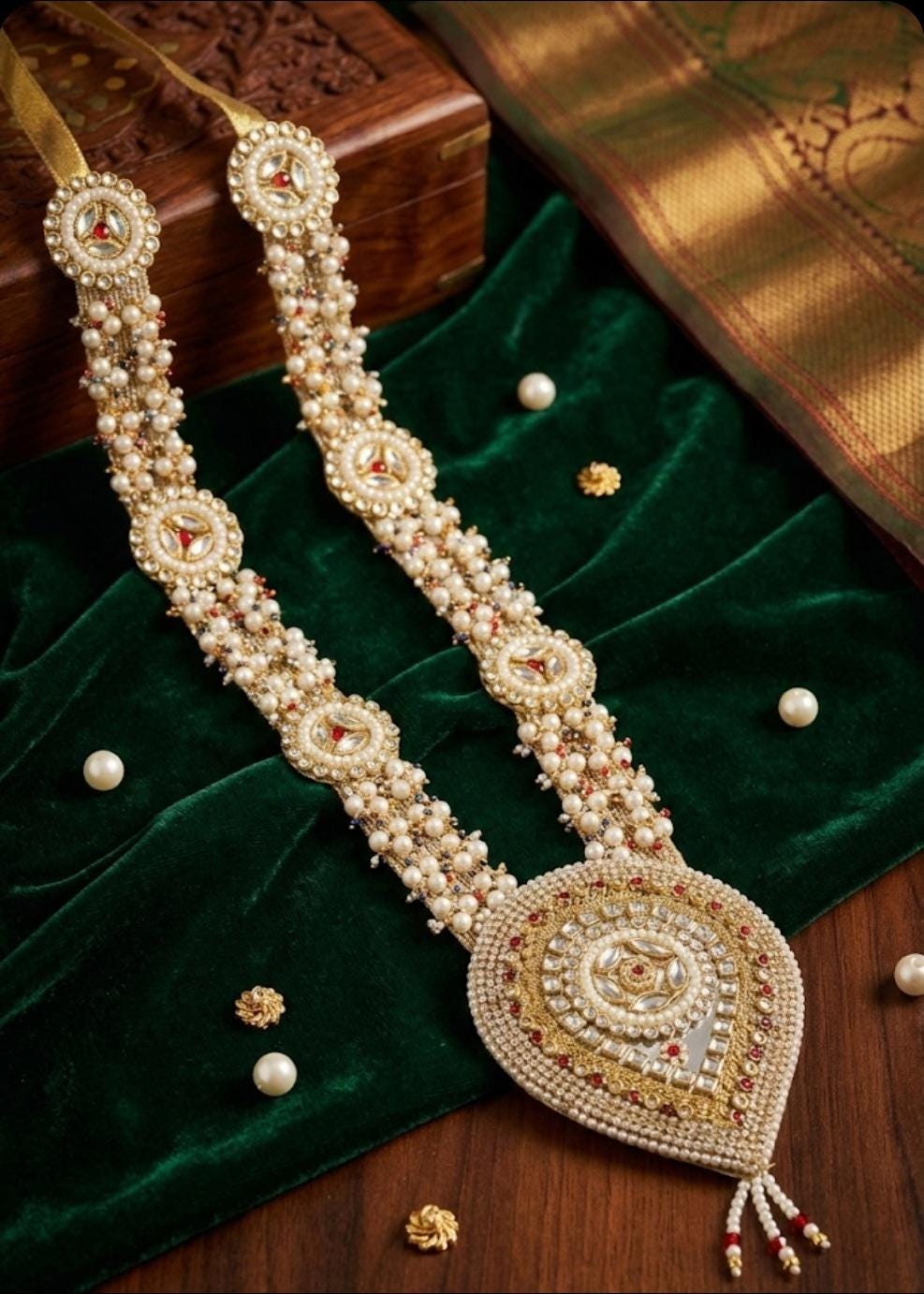 Handmade Pearl Mala Garland with Stone Pendant, Pooja Wedding Decor