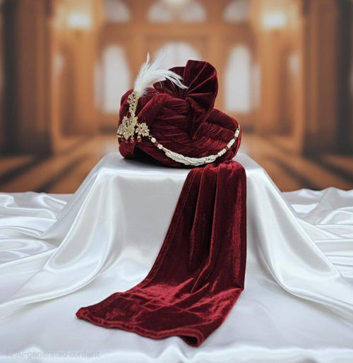 Handcrafted Maroon Silk Groom Turban: Crystal Sarpech & Feather