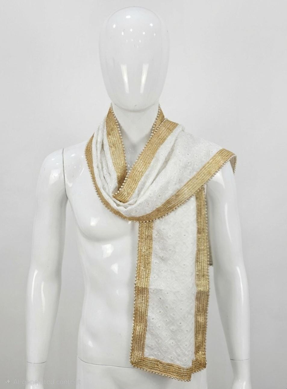 White Gold Patka Traditional Indian Wedding Stole with Pearl Border (2.5m)