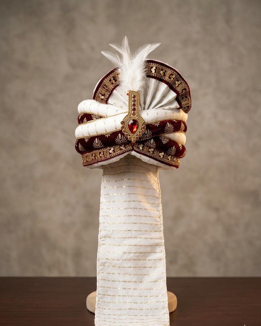Maroon Velvet Groom Turban | Gold Zardozi Indian Wedding Pagri, Maharajah Style