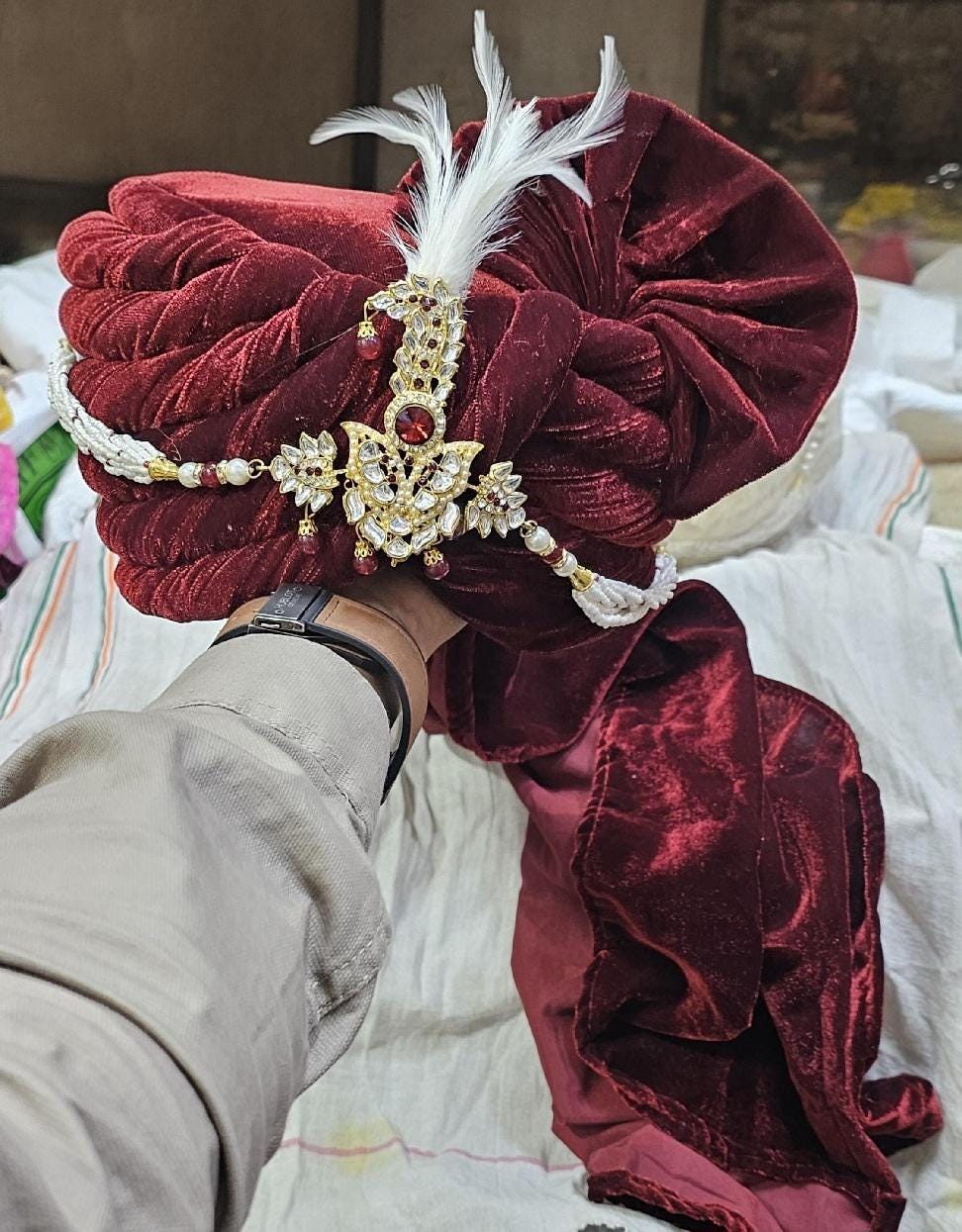 Handcrafted Maroon Silk Groom Turban: Crystal Sarpech & Feather