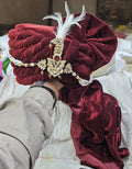Handcrafted Maroon Silk Groom Turban: Crystal Sarpech & Feather