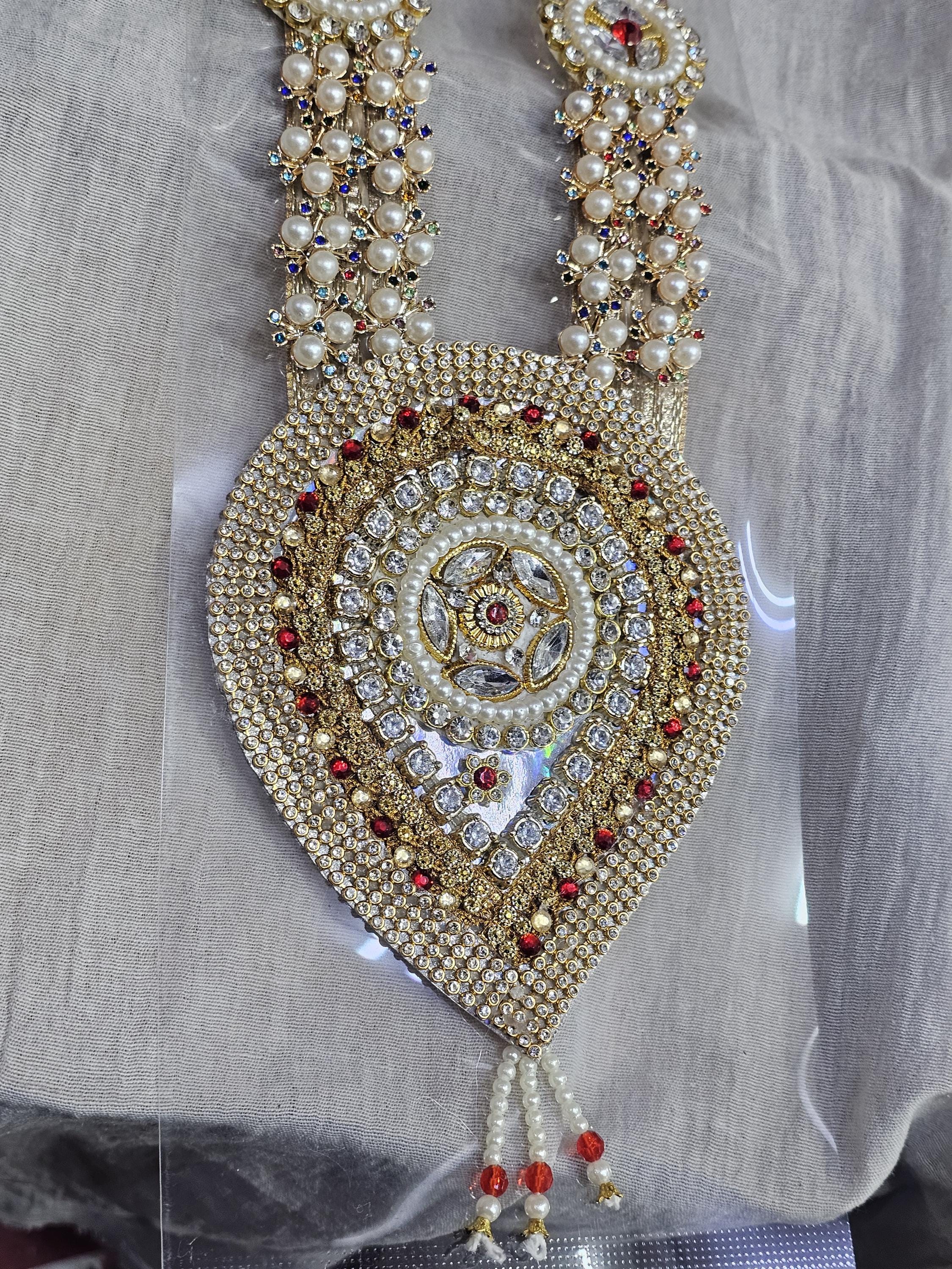 Handmade Pearl Mala Garland with Stone Pendant, Pooja Wedding Decor