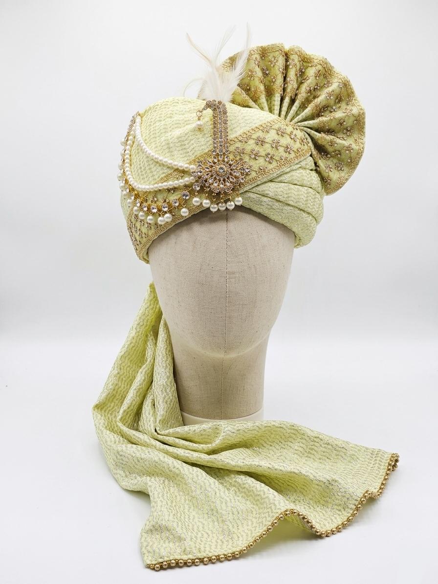 Designer Lime Green Pearl Turban – Royal Safa with Kalgi, Silk Pagri for Groom