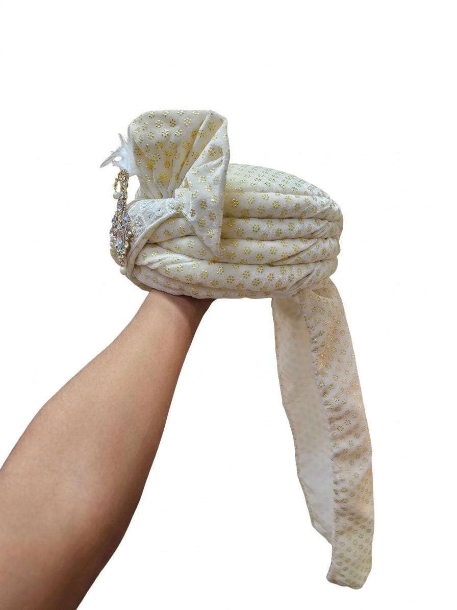 White Gold Wedding Turban | Royal Indian Safa, Pre-tied Groom Pagri
