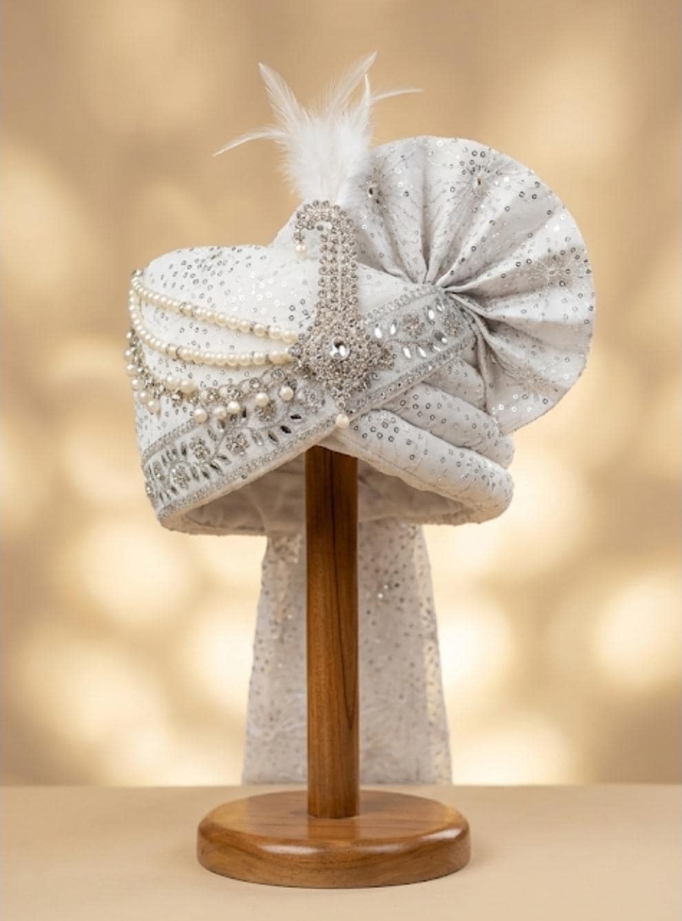 White Royal Wedding Safa for Groom | Handcrafted Pearl & Stone Turban | Traditional Indian Wedding Headwear