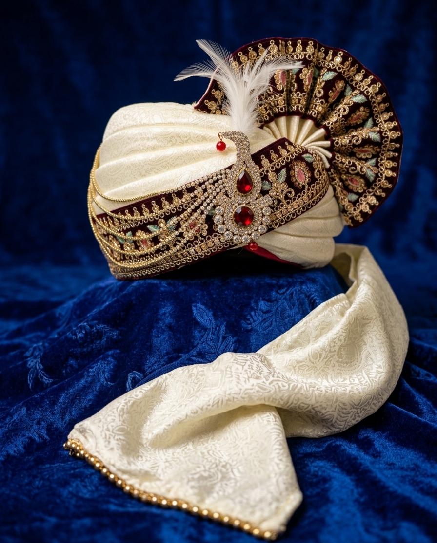 Royal Ivory Silk Turban – Maroon Zardosi Border, Ruby Kalgi, Maharaja Pagri