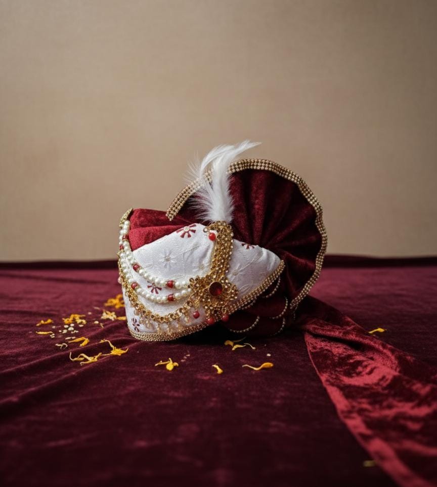 Handcrafted Maroon Velvet Groom Turban – Pearl Kalgi, Feathered Indian Wedding Safa