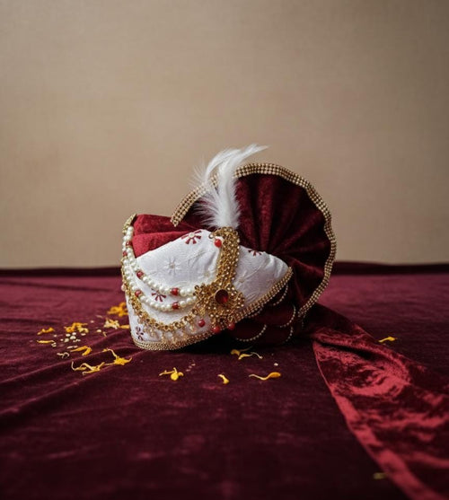 Handcrafted Maroon Velvet Groom Turban – Pearl Kalgi, Feathered Indian Wedding Safa