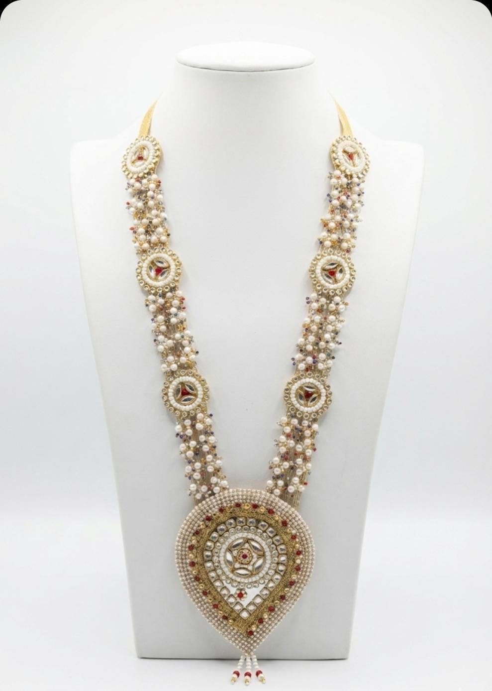 Handmade Pearl Mala Garland with Stone Pendant, Pooja Wedding Decor