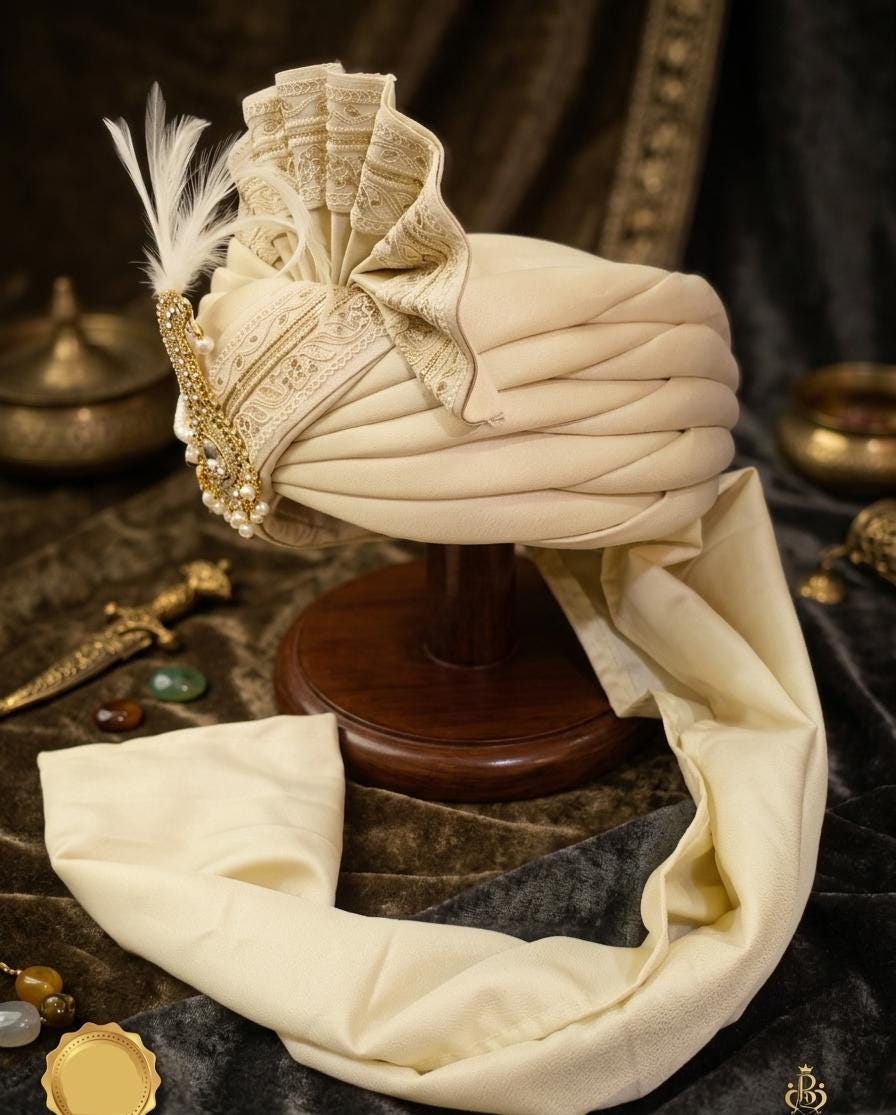 Beige Silk Turban with Pearl & Crystal Peacock Kalgi – Groom Safa Pagri