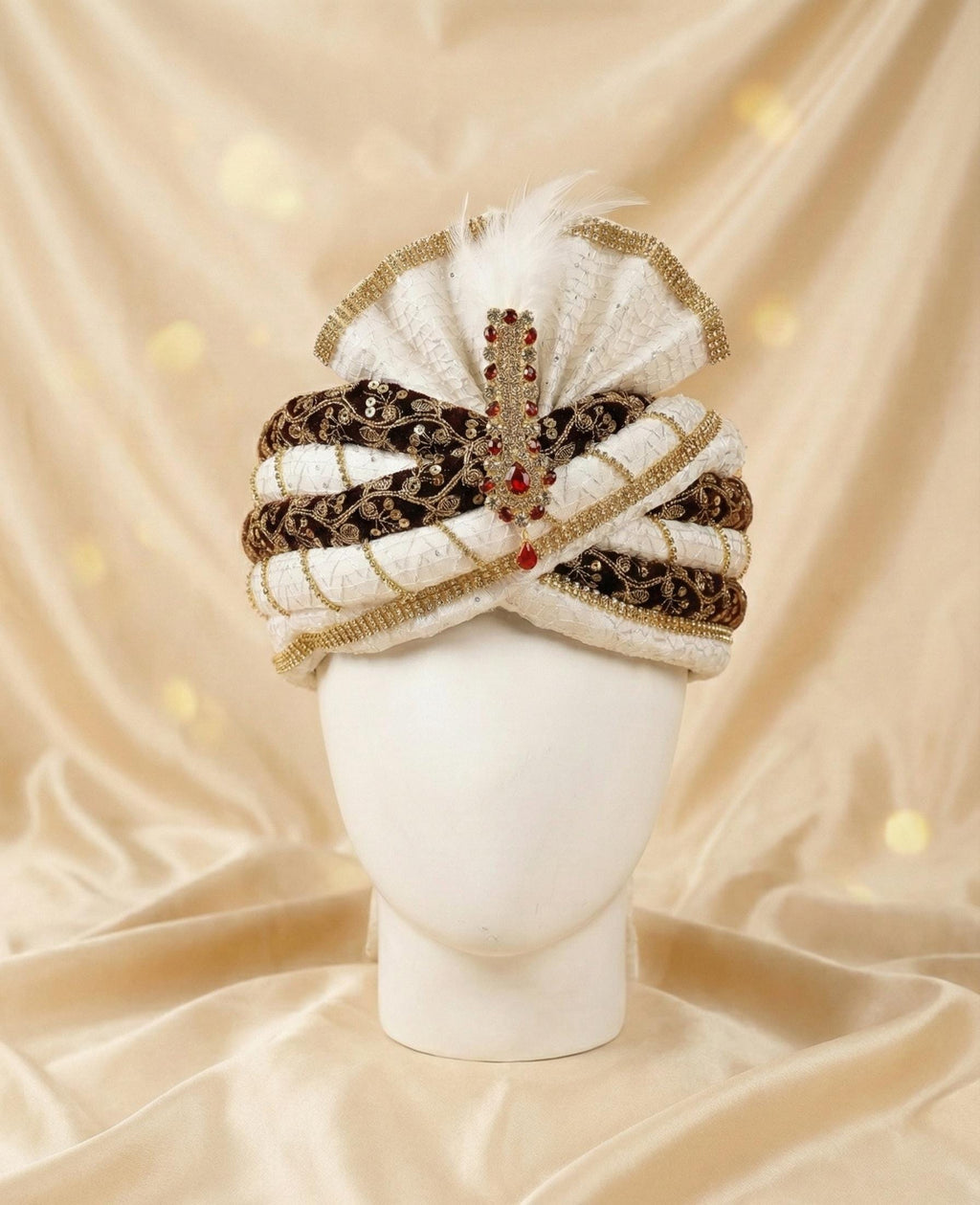 White & Maroon Velvet Groom Turban, Indian Wedding Safa with Red Stone Kalgi, 56cm