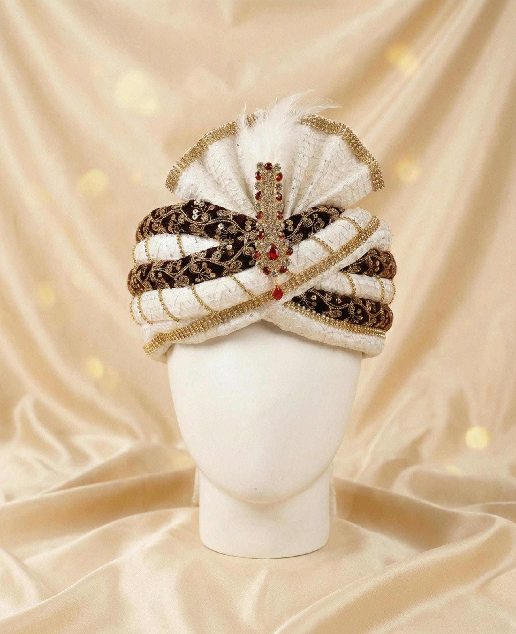 White & Maroon Velvet Groom Turban, Indian Wedding Safa with Red Stone Kalgi, 56cm