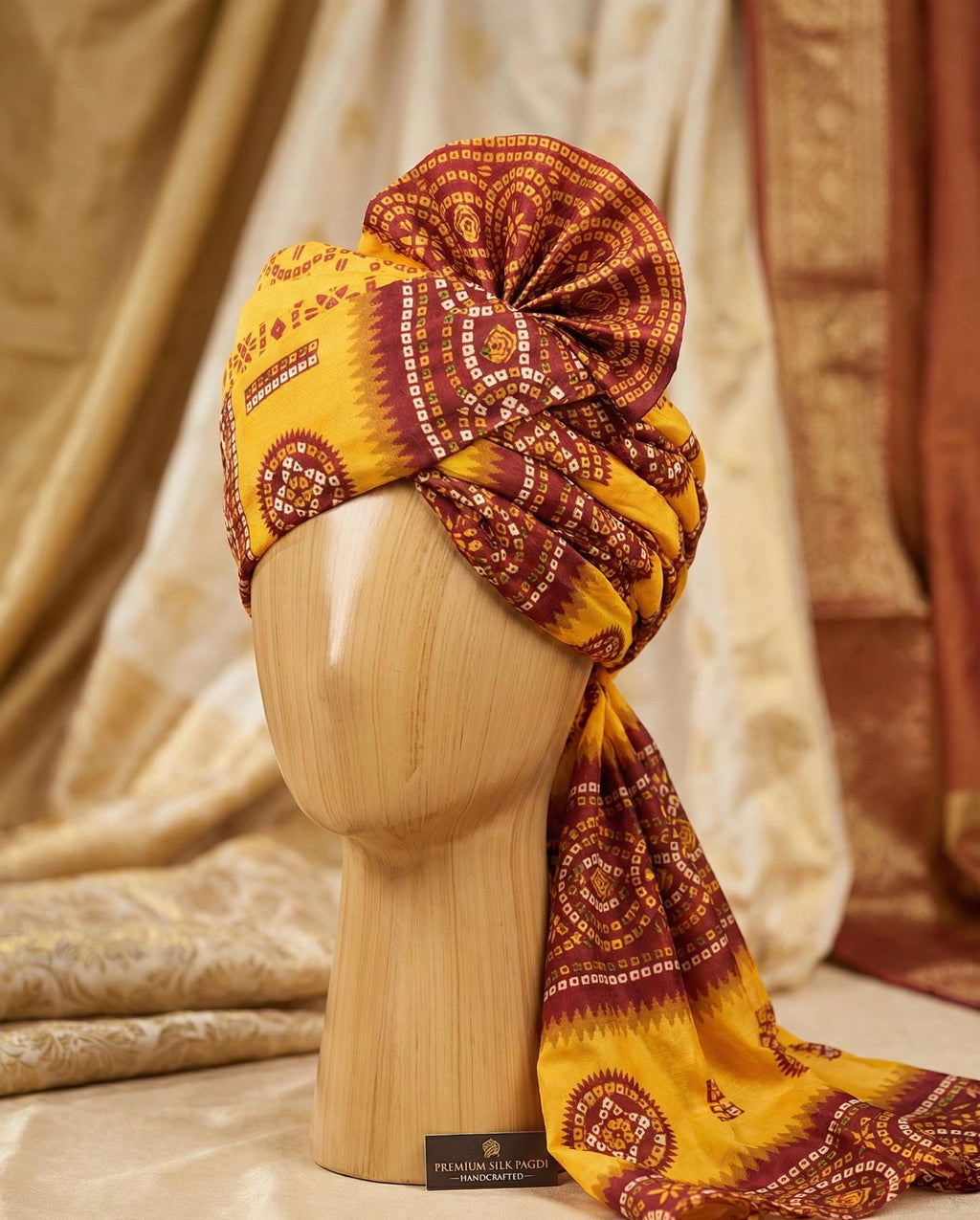 Rajasthani Bandhani Wedding Turban | Yellow & Maroon Handcrafted Pagri | Traditional Groom Safa for Baraat