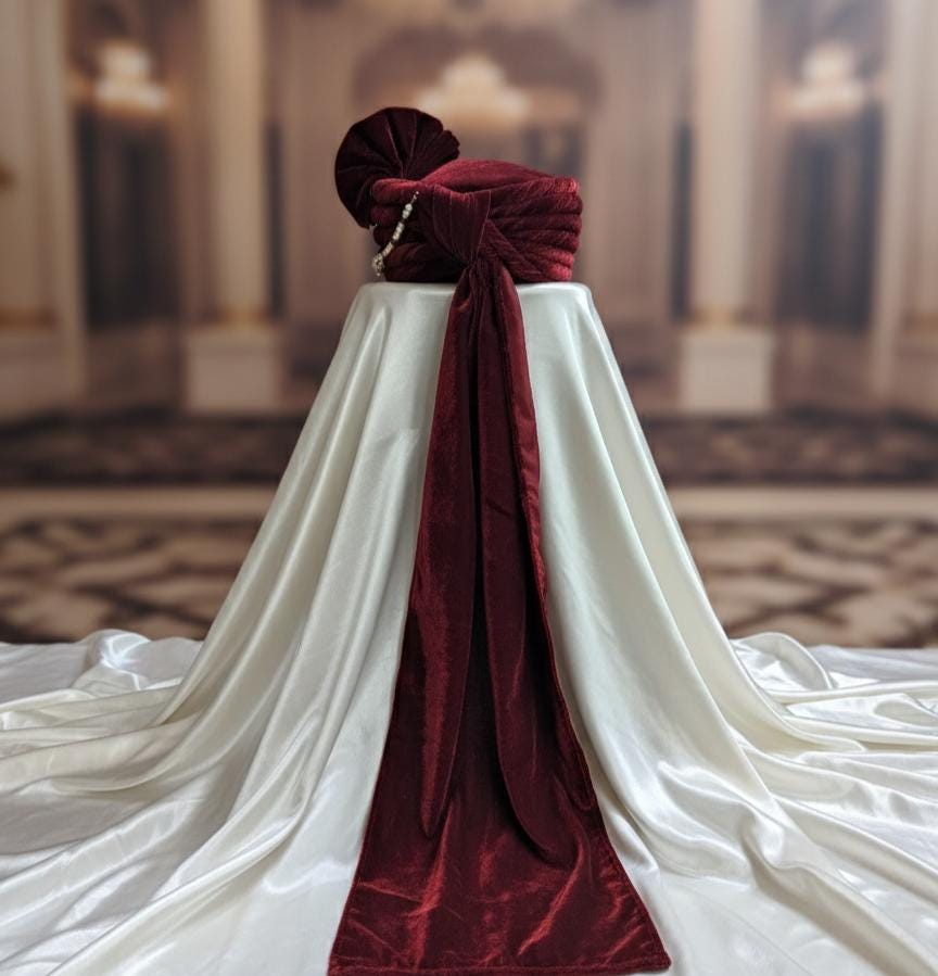 Handcrafted Maroon Silk Groom Turban: Crystal Sarpech & Feather