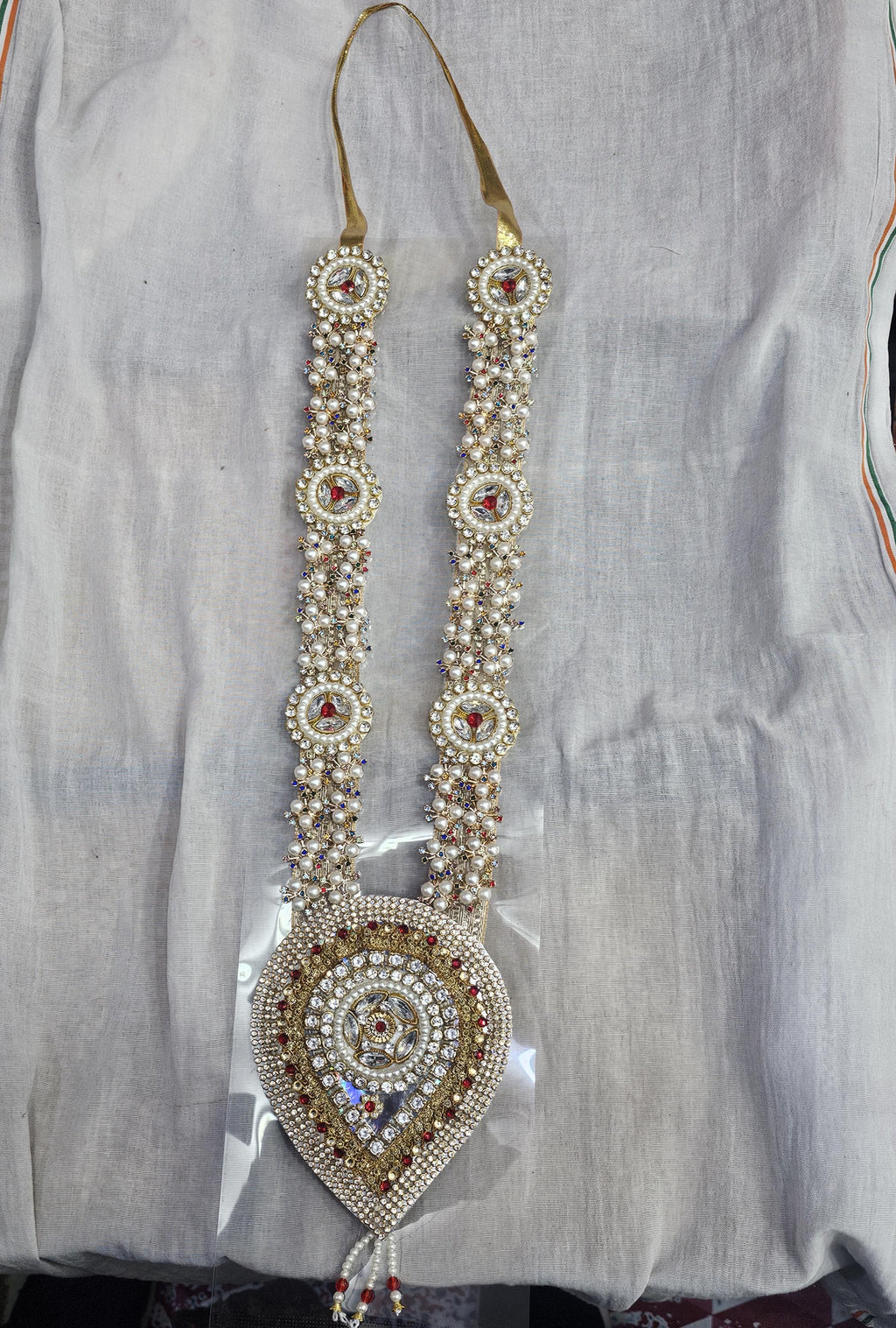 Handmade Pearl Mala Garland with Stone Pendant, Pooja Wedding Decor