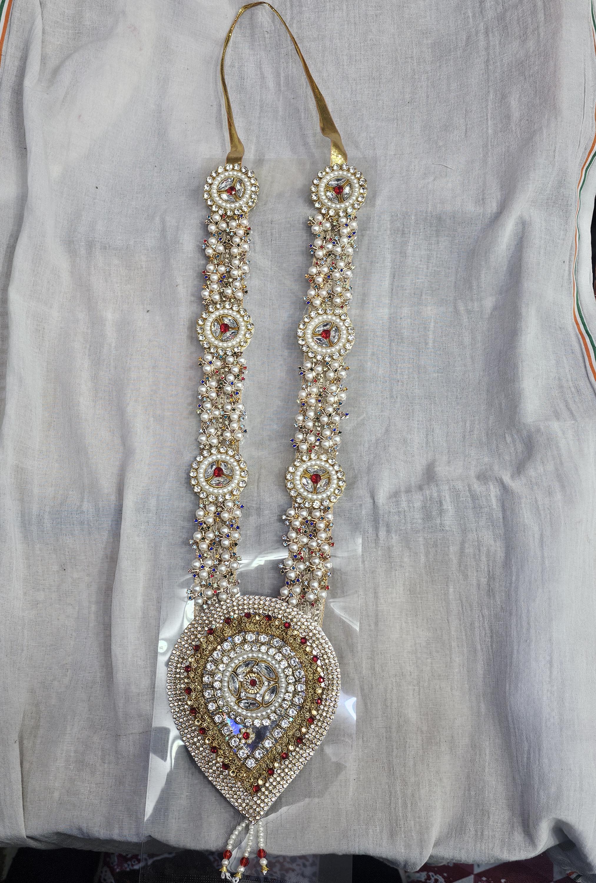 Handmade Pearl Mala Garland with Stone Pendant, Pooja Wedding Decor