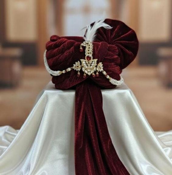 Handcrafted Maroon Silk Groom Turban: Crystal Sarpech & Feather