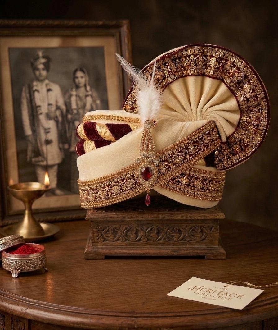 Maroon Cream Velvet Groom Turban Safa | Royal Indian Wedding Pagri with Ruby Kalgi