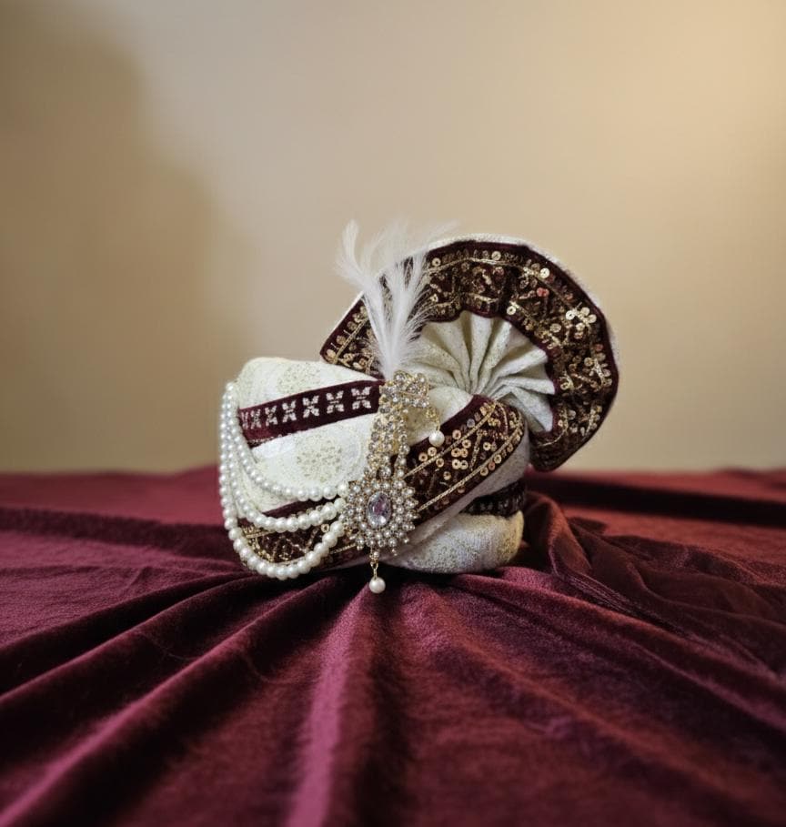 Royal Indian Groom Safa Turban | Handmade Wedding Pagdi with Pearl Brooch