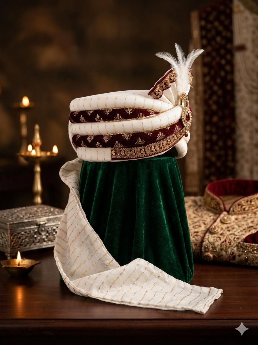 Maroon Velvet Groom Turban | Gold Zardozi Indian Wedding Pagri, Maharajah Style