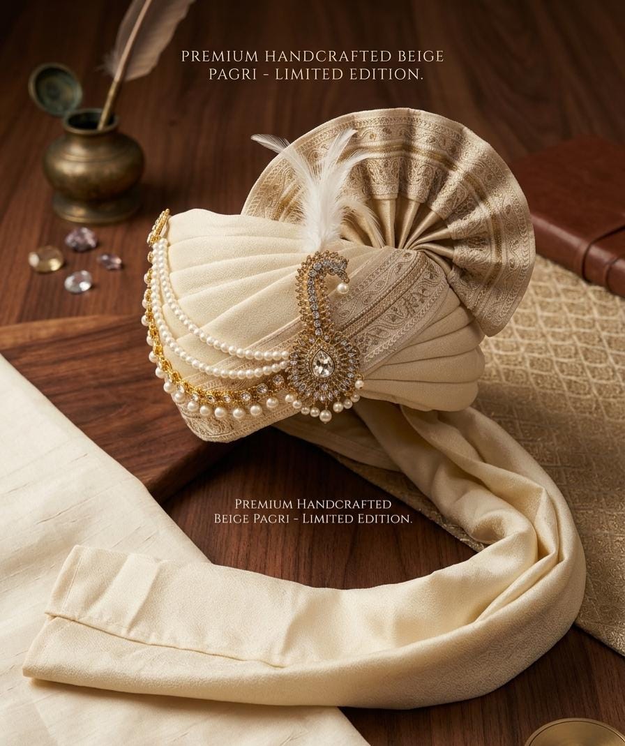 Beige Silk Turban with Pearl & Crystal Peacock Kalgi – Groom Safa Pagri
