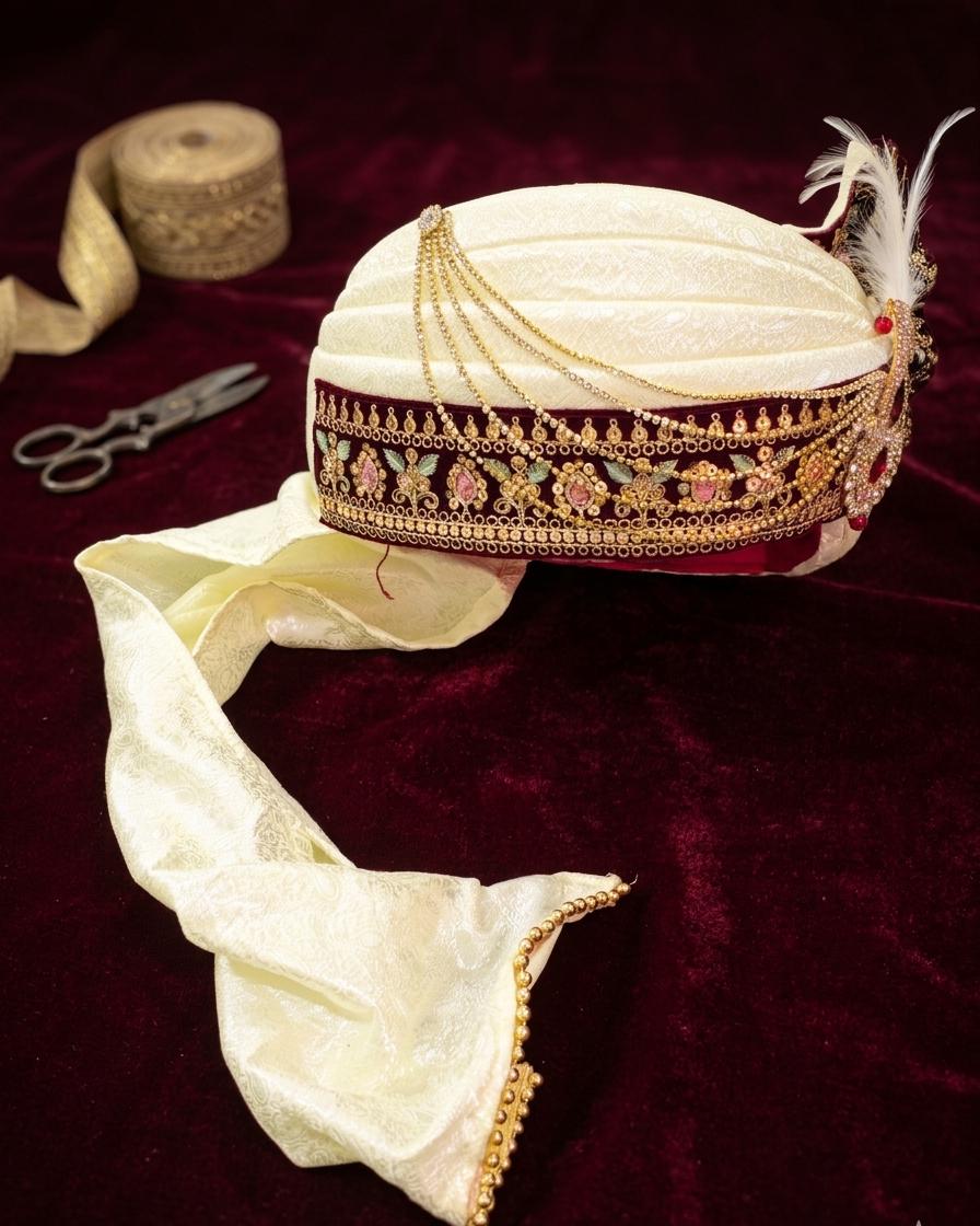 Royal Ivory Silk Turban – Maroon Zardosi Border, Ruby Kalgi, Maharaja Pagri
