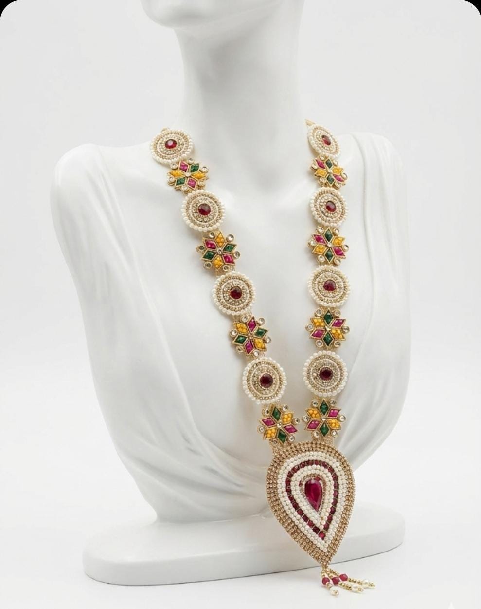 Handmade Vibrant Floral Pearl Mala with Ruby-Red Pendant for Pooja, Weddings and god idol