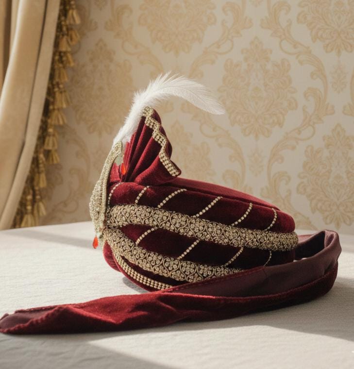 Embroidered Maroon Velvet Groom Turban – Indian Wedding Safa with Peacock Kalangi