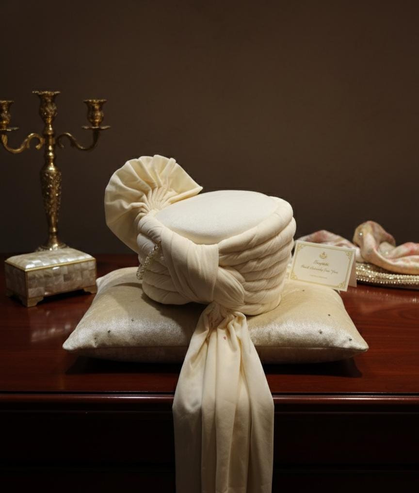 Handcrafted Cream Silk Groom Turban: Crystal Sarpech & Feather
