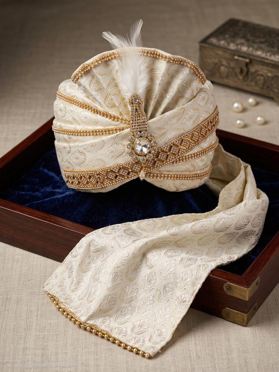 Ivory Silk Wedding Safa – Pre-tied Groom Turban with Kalgi Feather, Gold Beaded Brocade Pagri