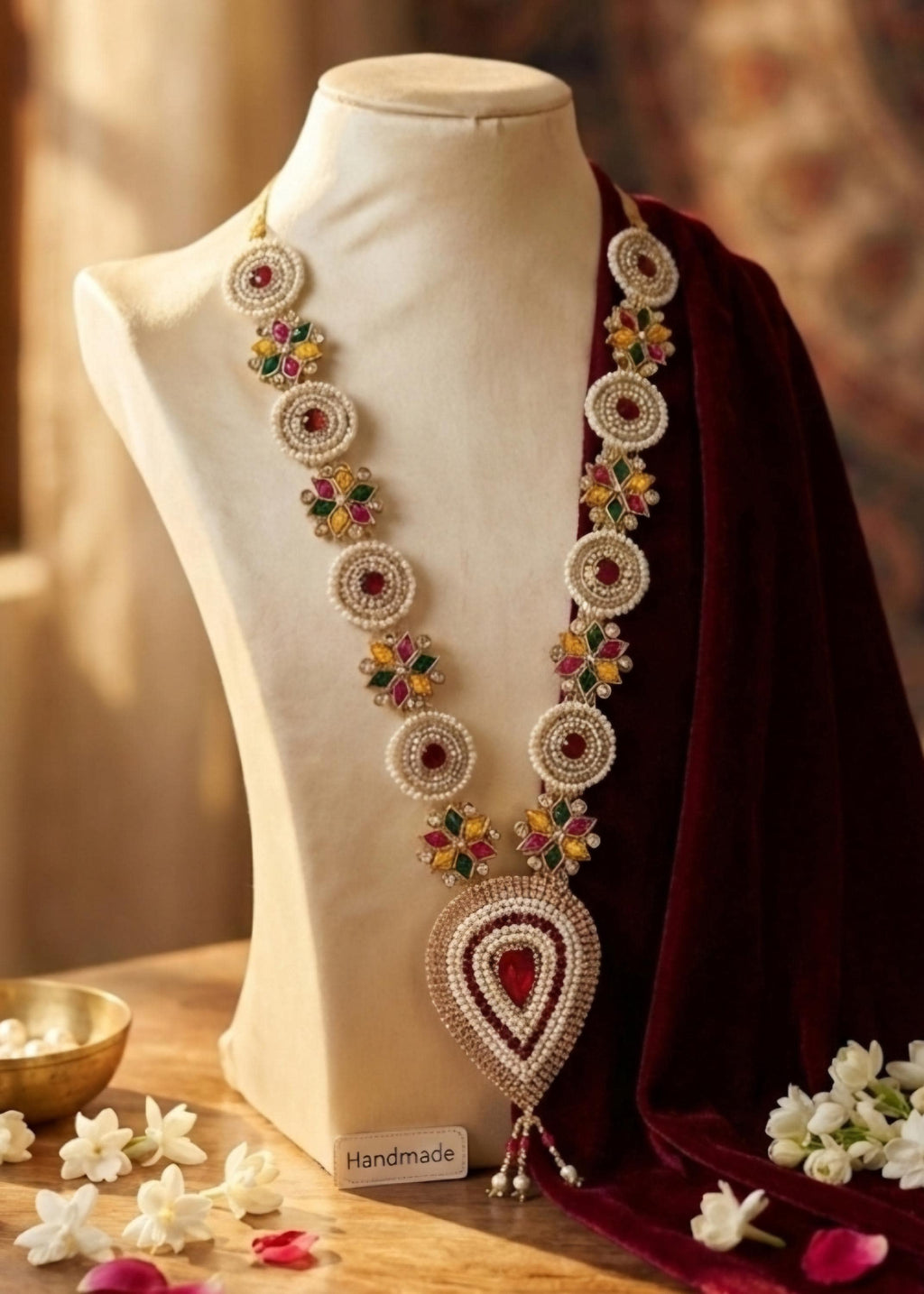 Handmade Vibrant Floral Pearl Mala with Ruby-Red Pendant for Pooja, Weddings and god idol