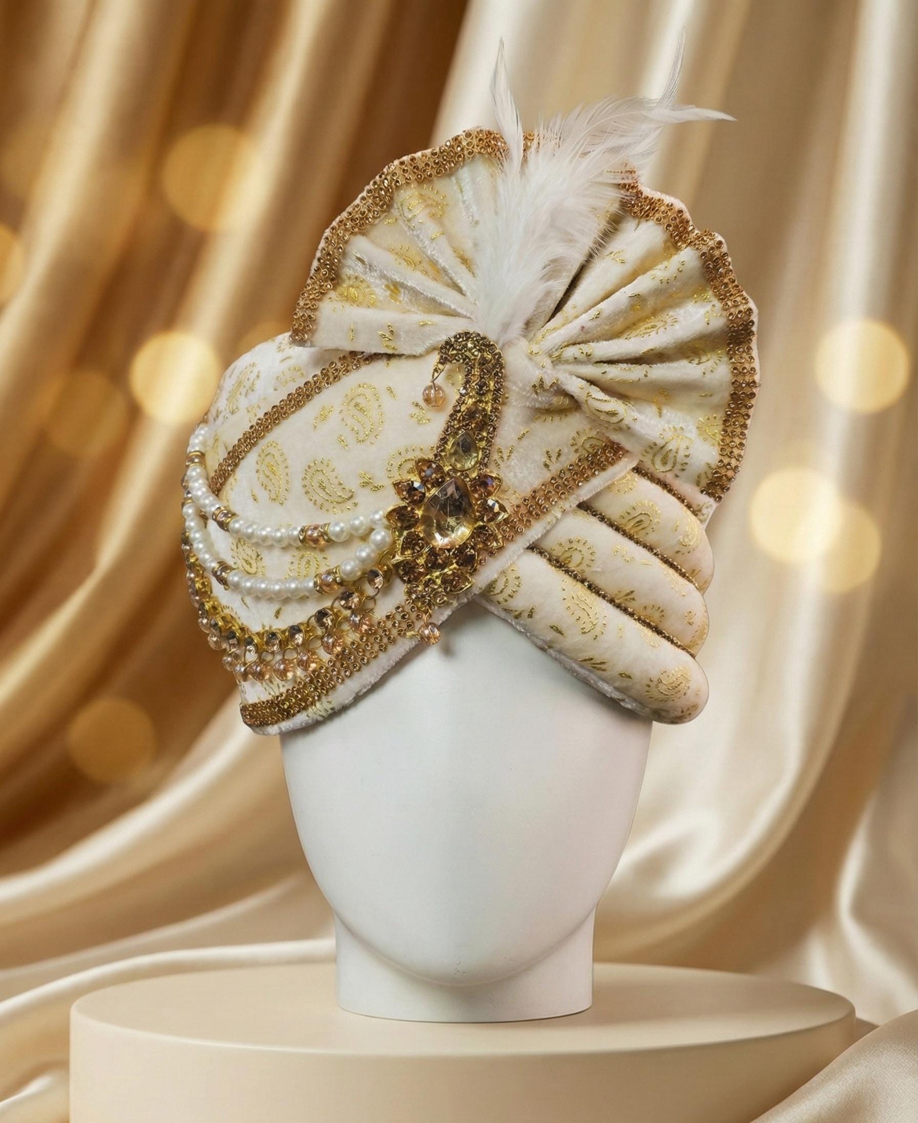 Ivory & Gold Royal Wedding Safa for Groom | Handcrafted Pearl, Stone and Feather Turban, Traditional Indian Ceremonial Headwear