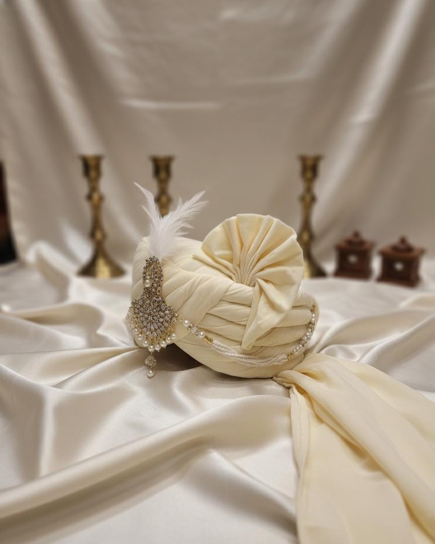 Handcrafted Cream Silk Groom Turban: Crystal Sarpech & Feather