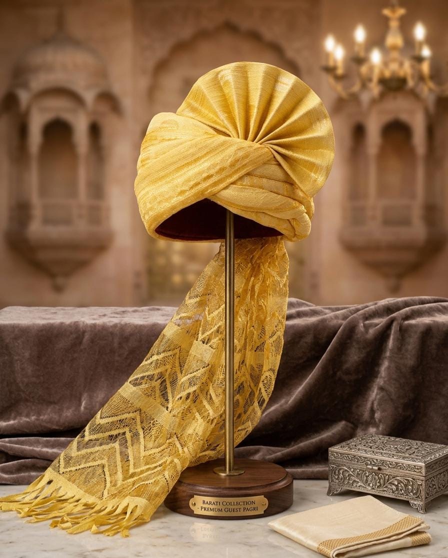 Mustard Gold Barati Turban – Silk-Blend Pagri with Zigzag Palla Safa