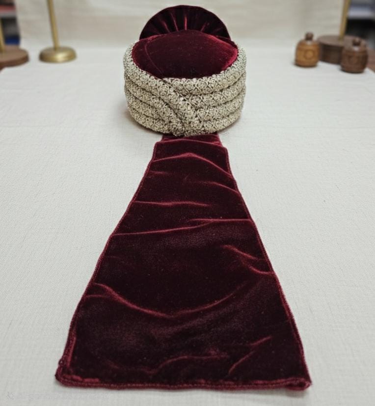 Embroidered Royal Maroon Velvet Groom Turban with Gold Peacock Kalgi and Zardosi Work