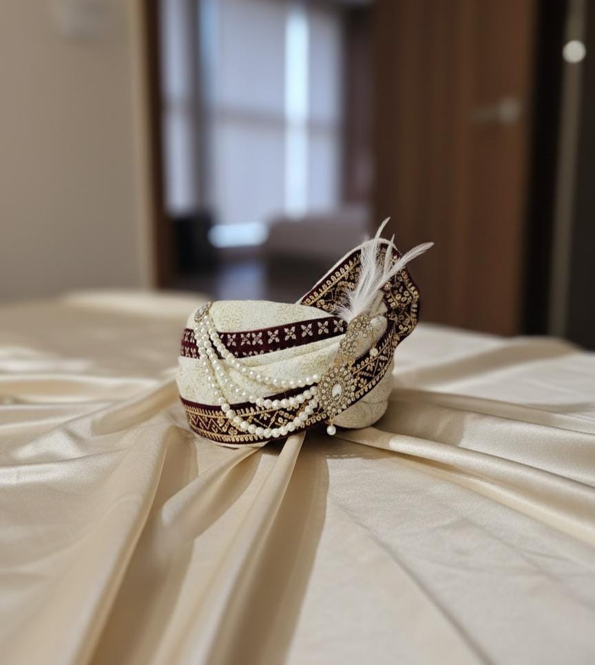 Royal Indian Groom Safa Turban | Handmade Wedding Pagdi with Pearl Brooch