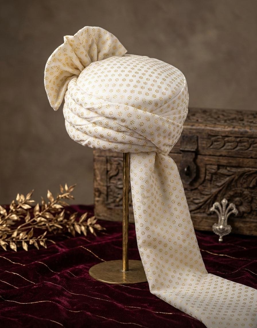 White Gold Wedding Turban | Royal Indian Safa, Pre-tied Groom Pagri