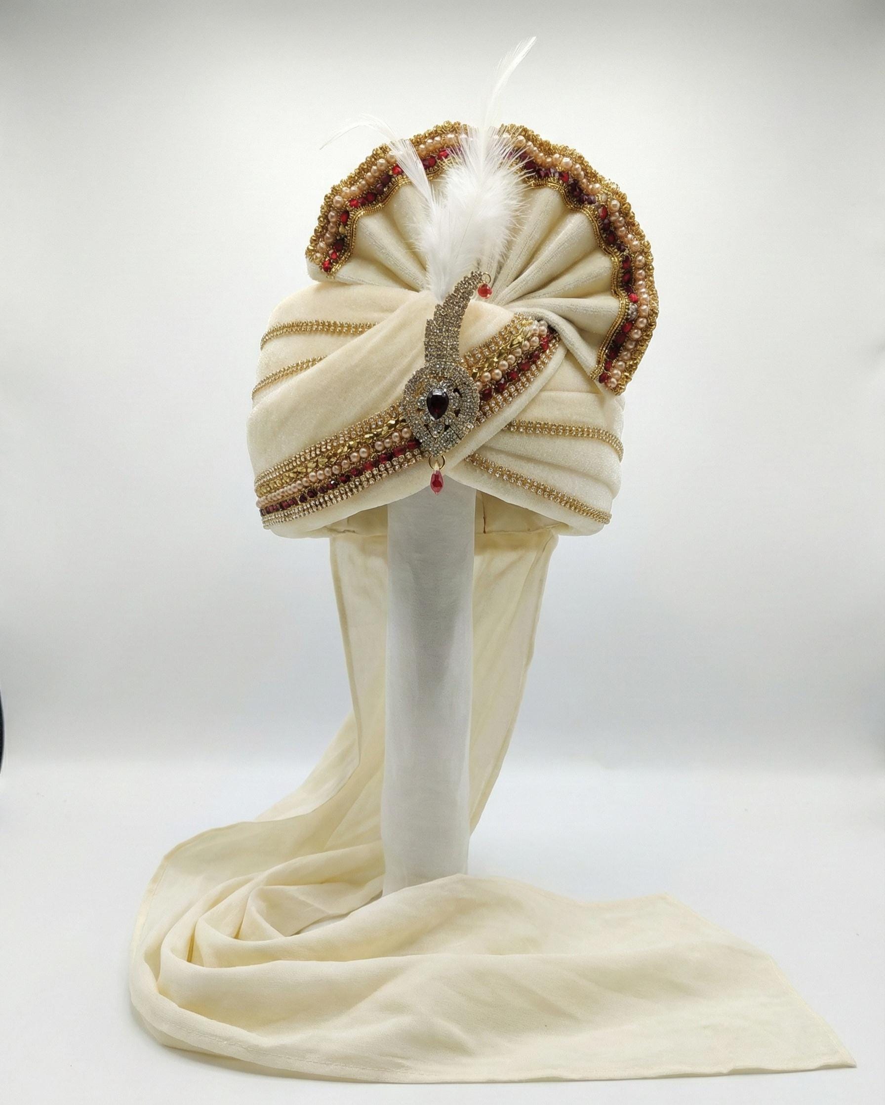 Royal Cream Velvet Turban | Indian Wedding Groom Pagdi with 50cm Tail | Handcrafted Jeweled Safa