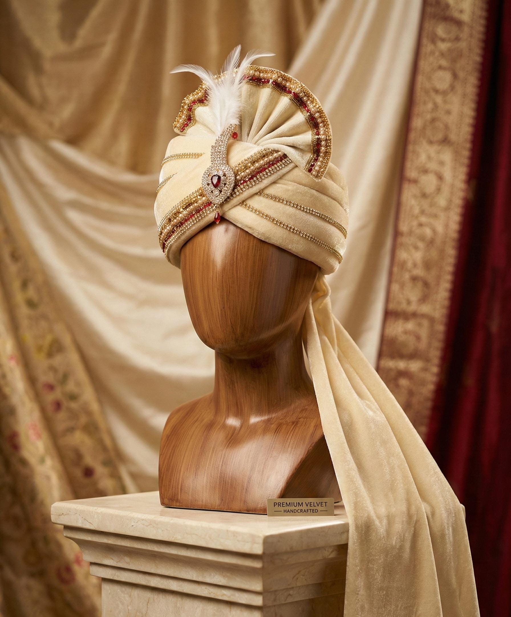 Royal Cream Velvet Turban | Indian Wedding Groom Pagdi with 50cm Tail | Handcrafted Jeweled Safa