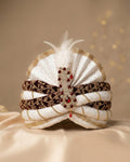 White & Maroon Velvet Groom Turban, Indian Wedding Safa with Red Stone Kalgi, 56cm