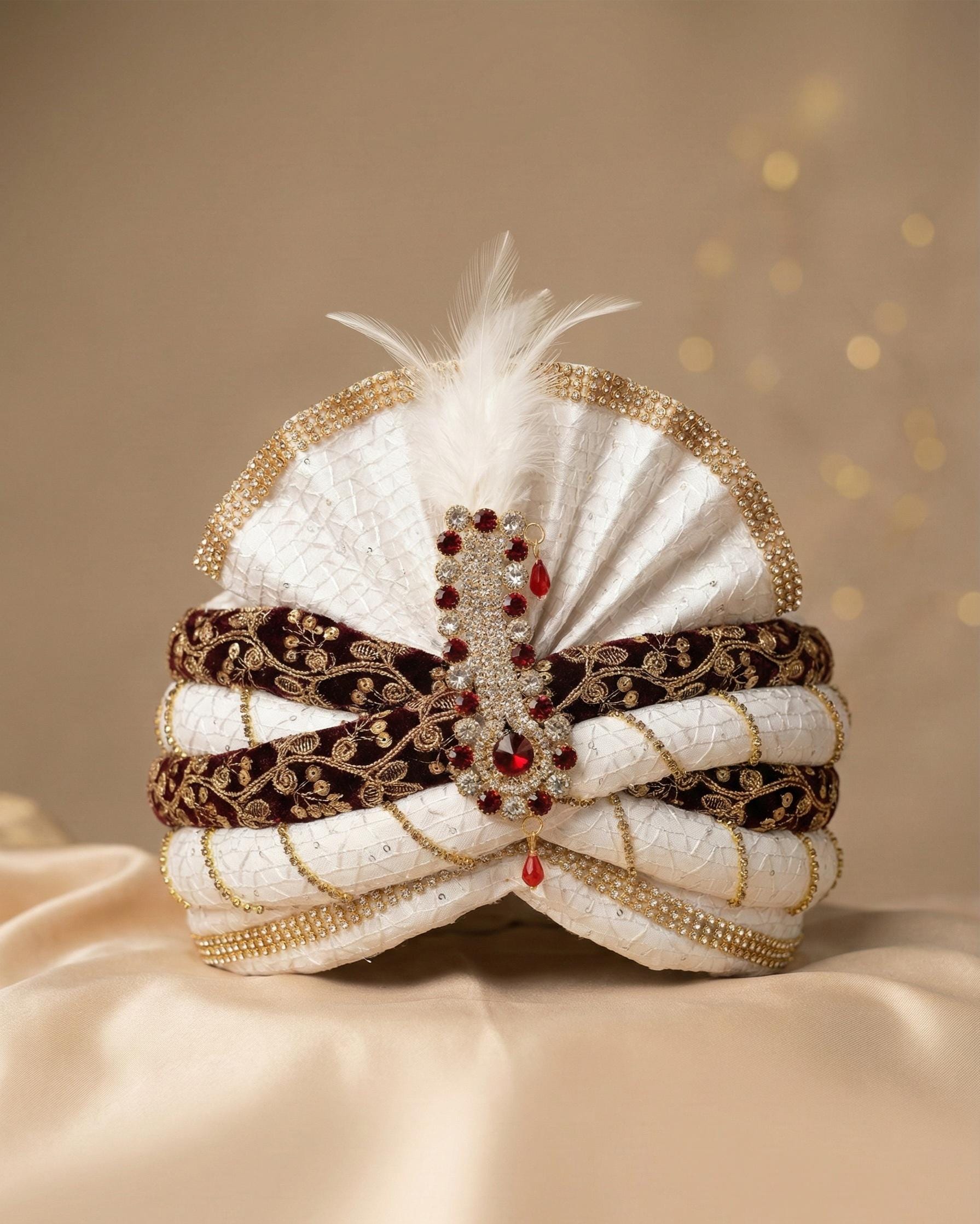 White & Maroon Velvet Groom Turban, Indian Wedding Safa with Red Stone Kalgi, 56cm