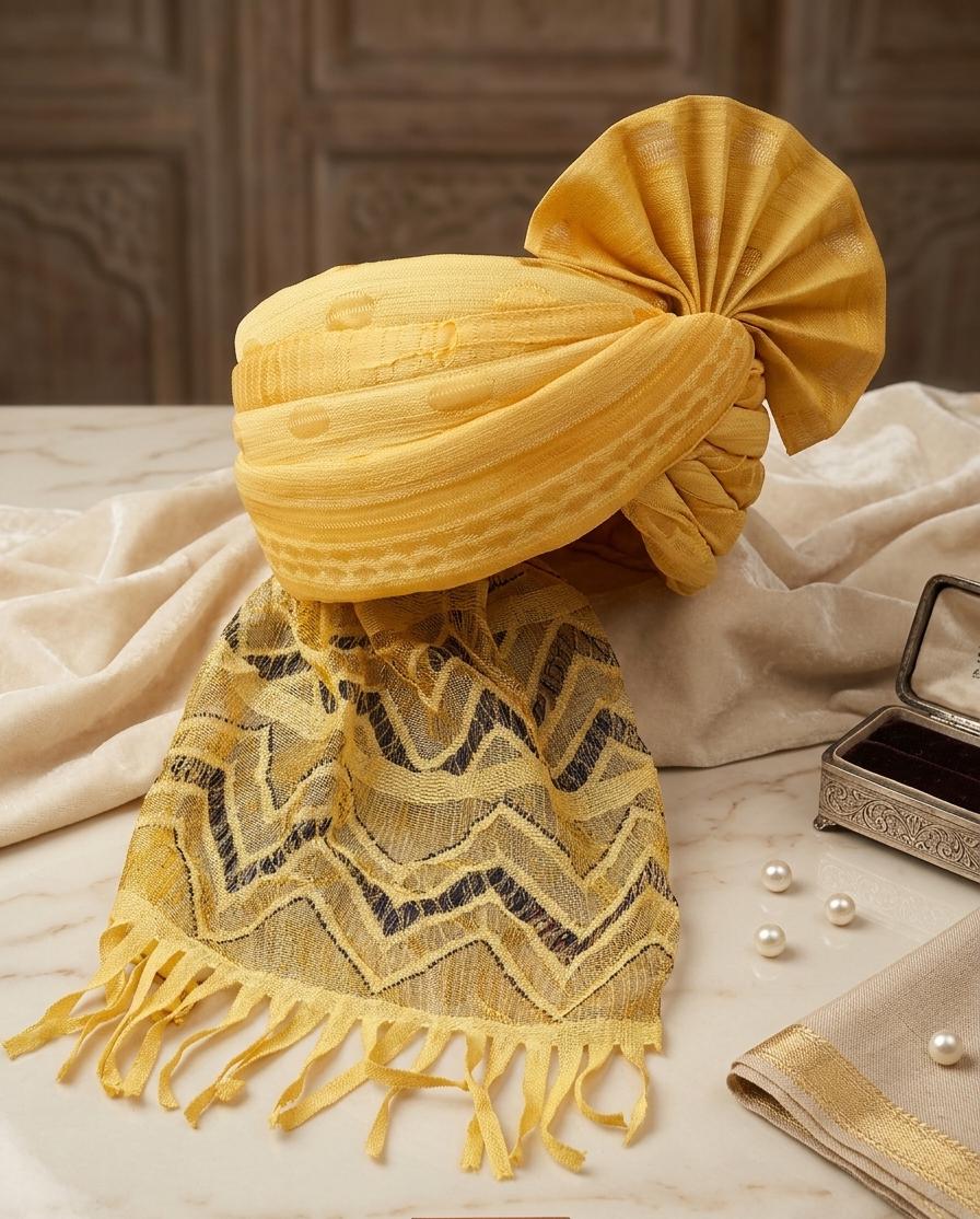 Mustard Gold Barati Turban – Silk-Blend Pagri with Zigzag Palla Safa