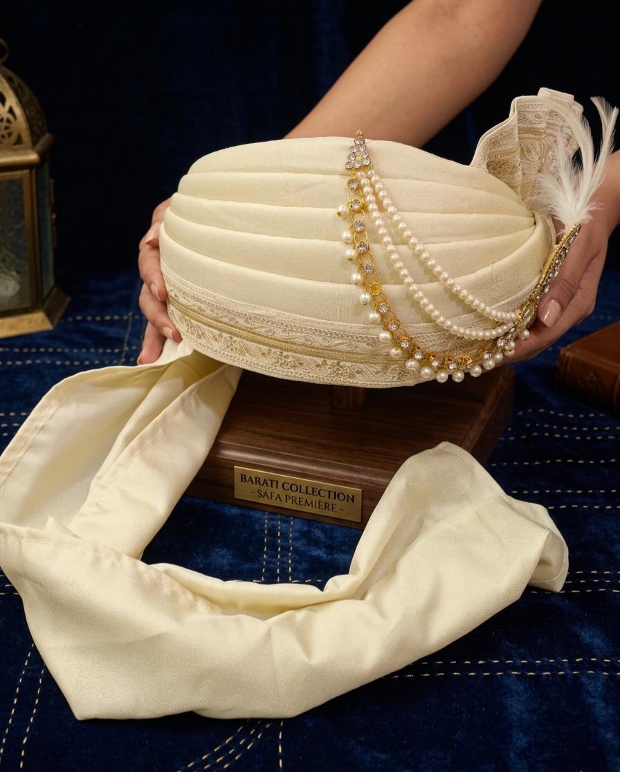 Beige Silk Turban with Pearl & Crystal Peacock Kalgi – Groom Safa Pagri
