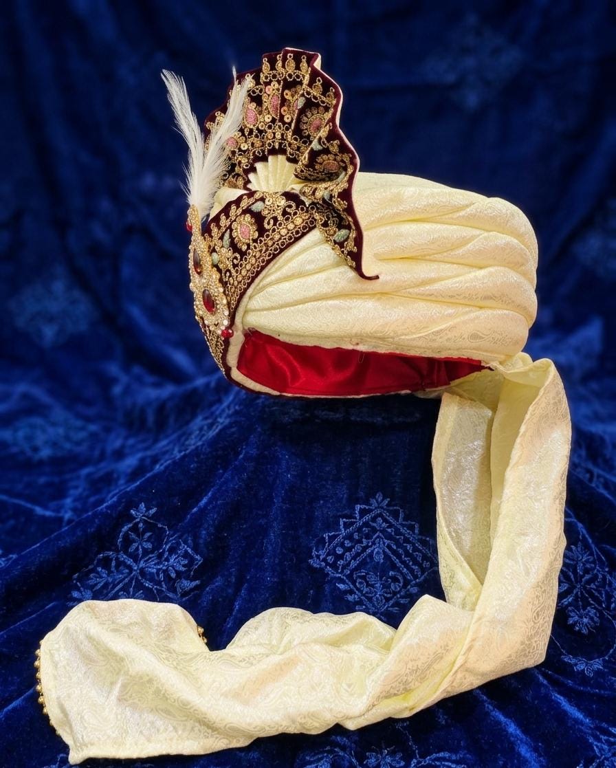 Royal Ivory Silk Turban – Maroon Zardosi Border, Ruby Kalgi, Maharaja Pagri