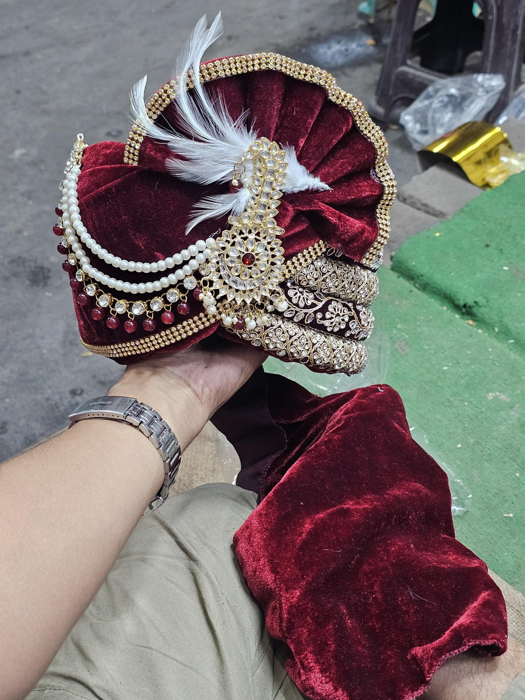Maroon Gold Dulha Pagri Turban | Groom Wedding Safa