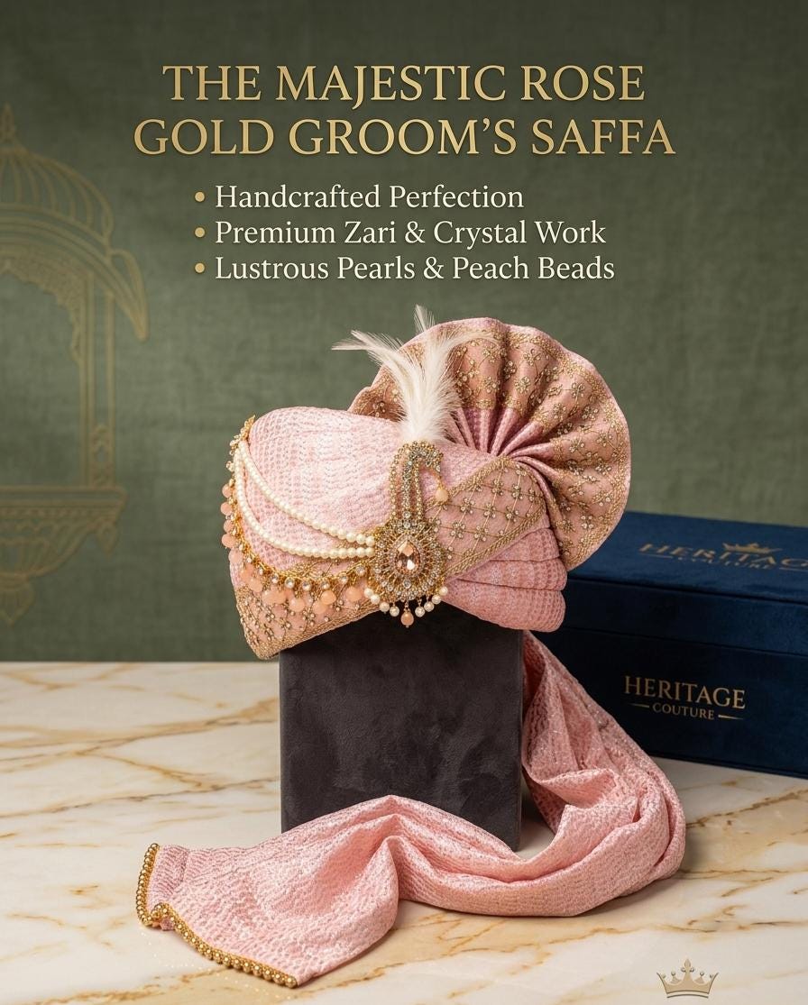 Rose Gold Silk Groom Turban – Peach Zari Crystal Pagri, Pearl Embellished Wedding Headwear