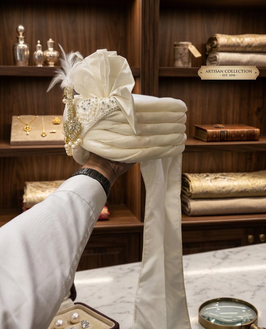 Off-White Groom Turban with Pearl & Crystal Kalgi – Royal Indian Wedding Safa